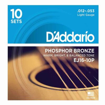 10 סטים מיתרים לגיטרה אקוסטית דדריו - Daddario Phosphor Bronze EJ16-10P Acoustic Guitar Strings 10Pack - 12-53