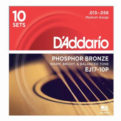10 סטים מיתרים לגיטרה אקוסטית דדריו - Daddario Phosphor Bronze EJ17-10P Acoustic Guitar Strings 10Pack - 13-56