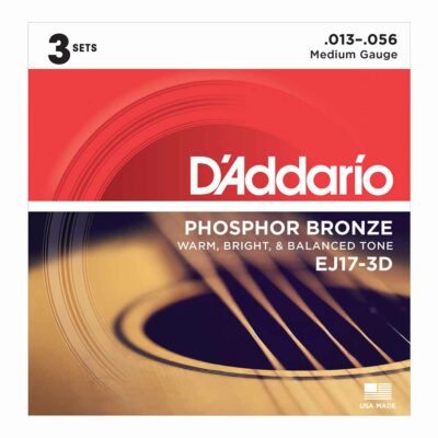 3 סטים מיתרים לגיטרה אקוסטית דדריו - Daddario Phosphor Bronze EJ17-3D Acoustic Guitar Strings 3Pack - 13-56