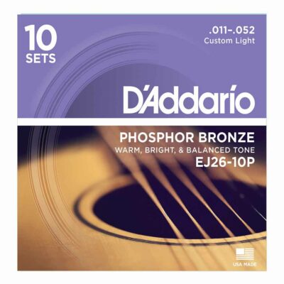 10 סטים מיתרים לגיטרה אקוסטית דדריו - Daddario Phosphor Bronze EJ26-10P Acoustic Guitar Strings 10Pack - 11-52