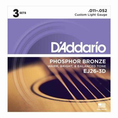 3 סטים מיתרים לגיטרה אקוסטית דדריו - Daddario Phosphor Bronze EJ26-3D Acoustic Guitar Strings 3Pack - 11-52