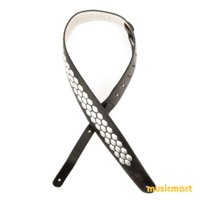 רצועה לגיטרה עור שחור מרוקע משושים דדריו - Daddario L25S1503 Planet Waves, Black Hex Studded Leather Strap